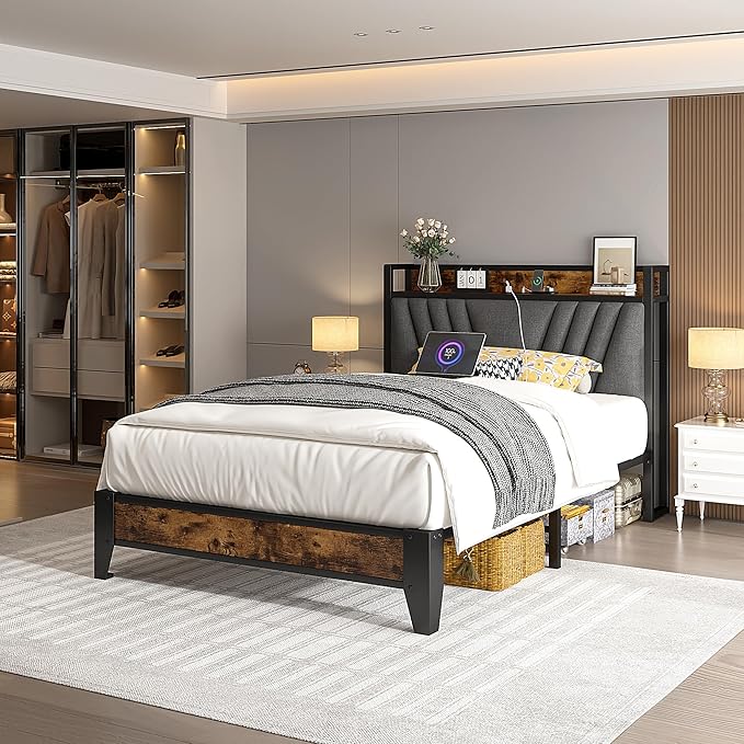 Twin Bed with Upholstered Storage Headboard and Charging Station