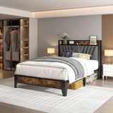 Twin Bed with Upholstered Storage Headboard and Charging Station