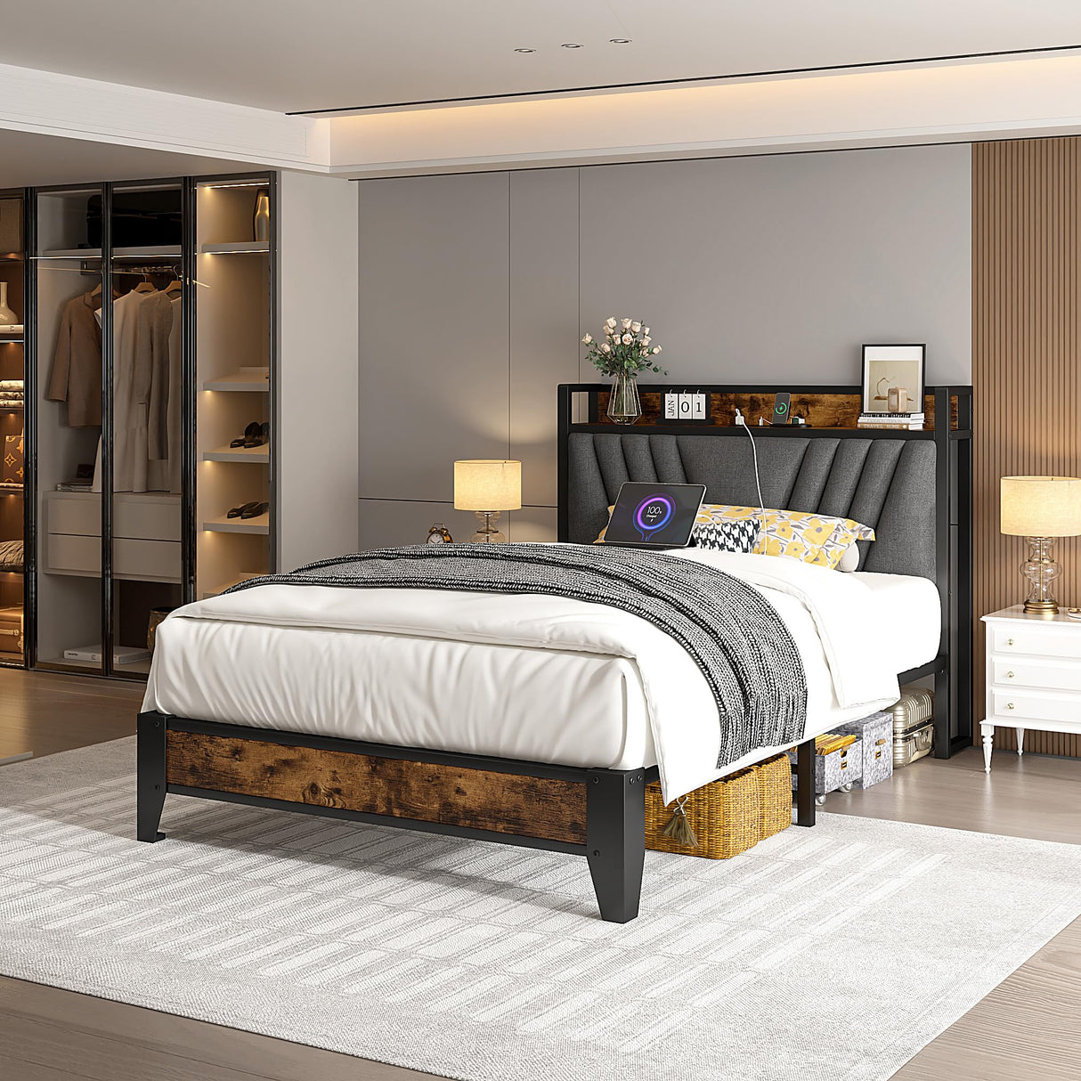Twin Bed with Upholstered Storage Headboard and Charging Station