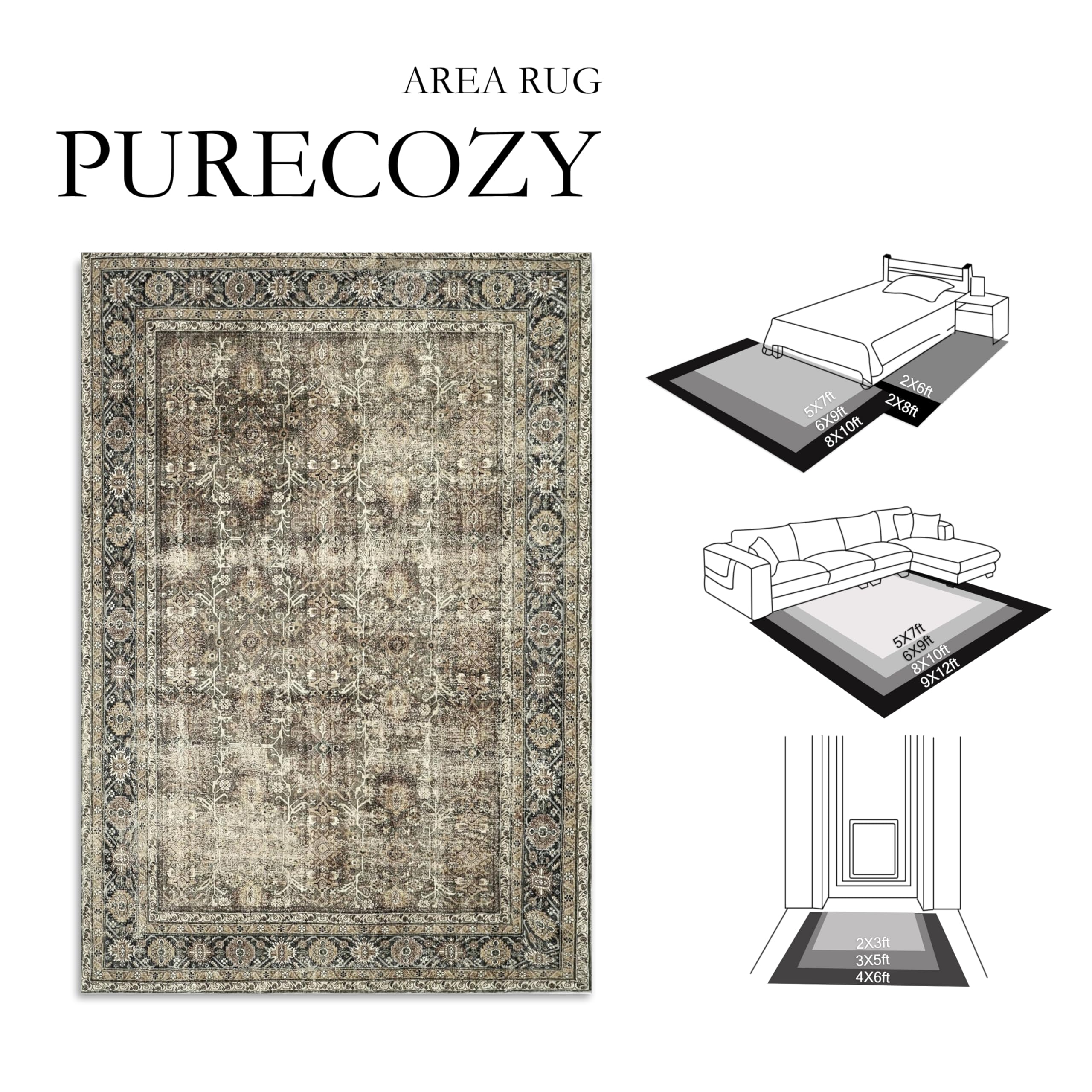 Vintage Area Rug 5x7 Brown Bedroom Rug Indoor Kitchen Washable Living Room Carpet