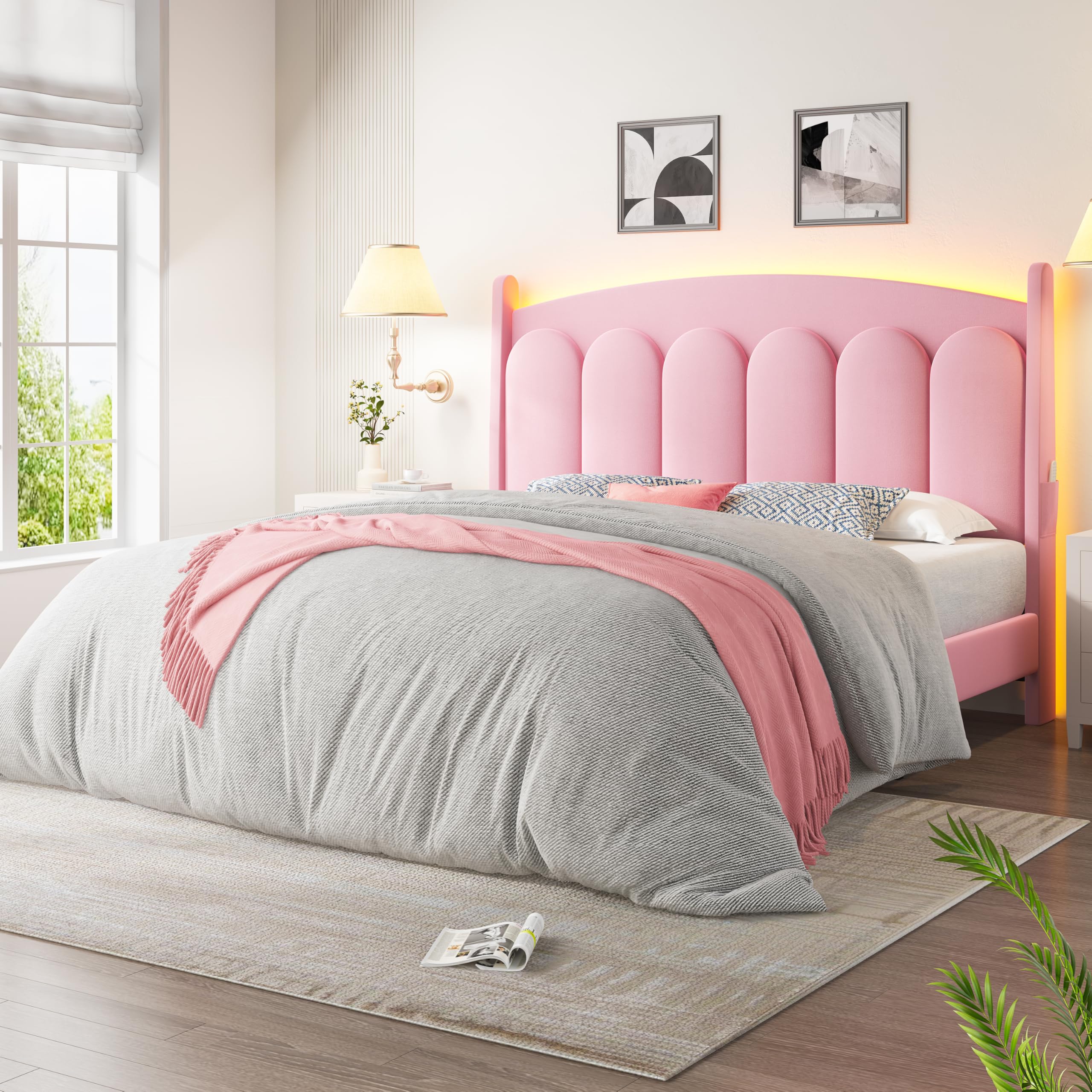 Queen Bed Frame with LED Lights and Adjustable Headboard