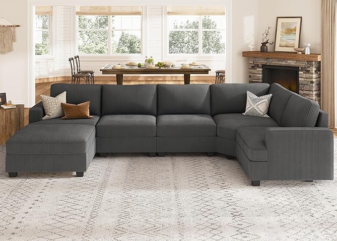 Sectional Sofa with Storage Ottoman, U Shape Sectional Couch Corduroy Modular Sectional