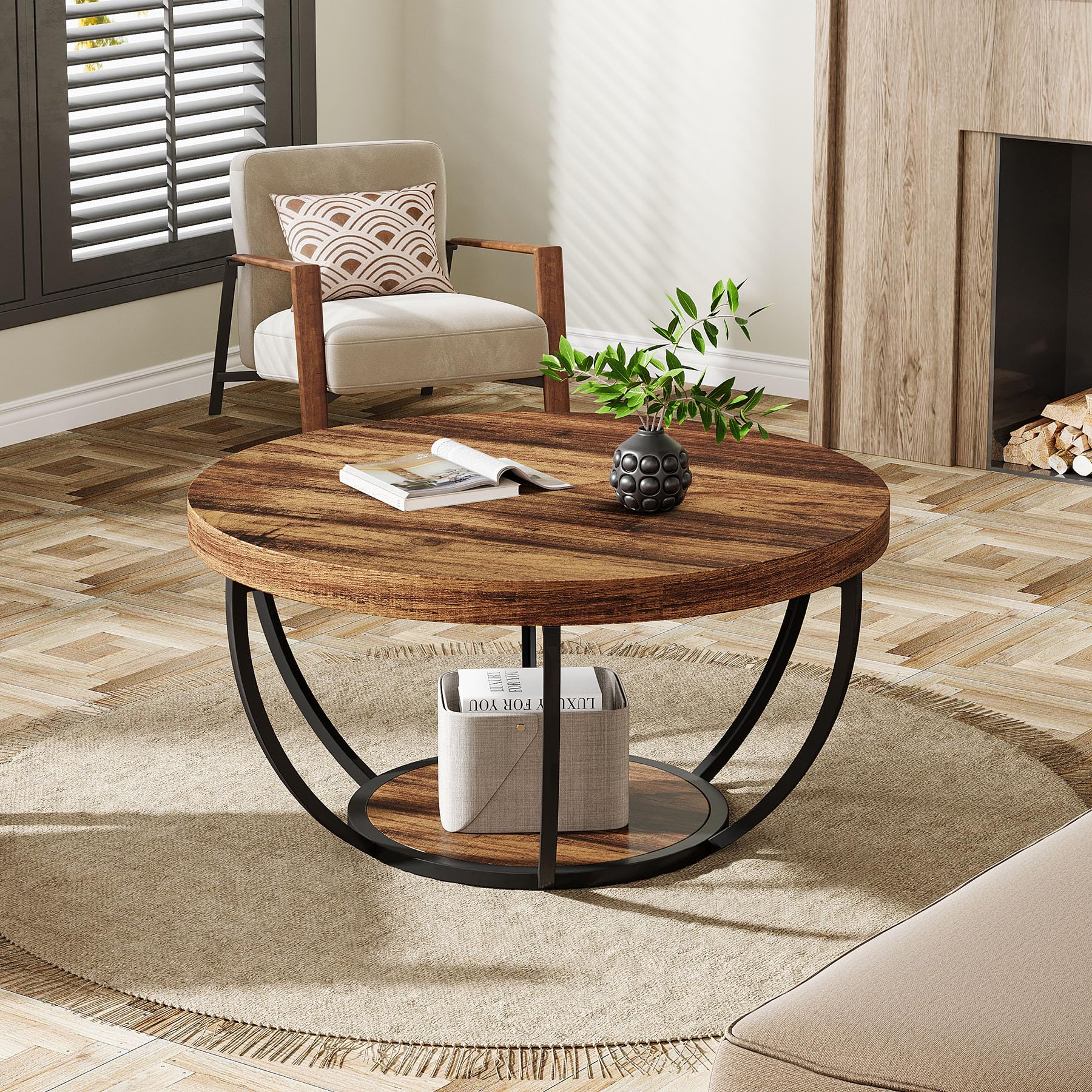 Round Coffee Table, 31.7" Wooden 2-Tier Circle Coffee Table with Storage Shelves