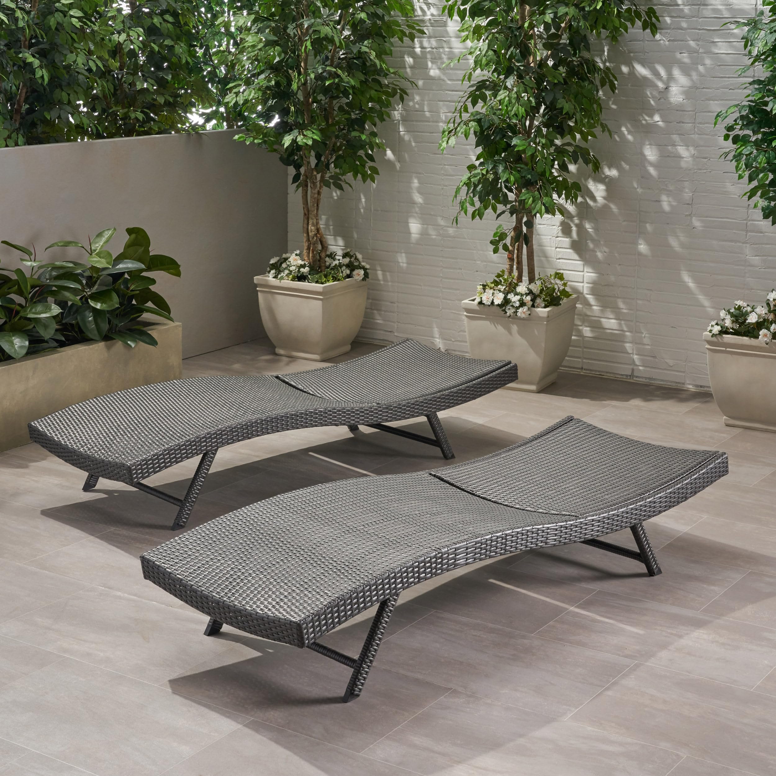 PE Rattan Chaise Lounge Set of 2, Modern Outdoor Wicker Reclining Lounge Chair