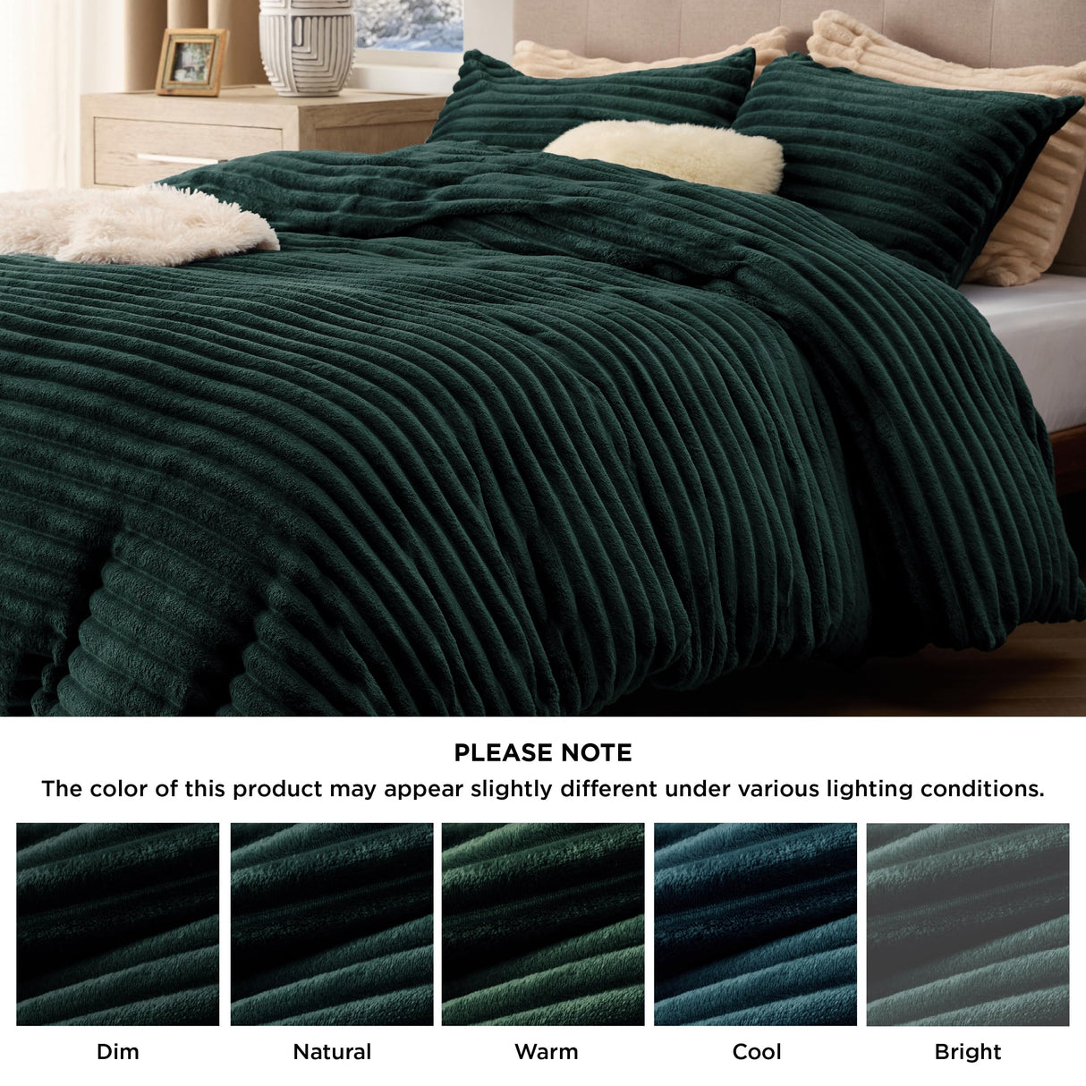 Bedsure Fluffy Comforter Cover Set - Ultra Soft Plush Shaggy Duvet Cover Queen Size, Warm Flannel Fleece Bed Sets for Winter, 3 Pieces, 1 Duvet Cover+2 Pillowcases (Striped Pattern, Forest Green)