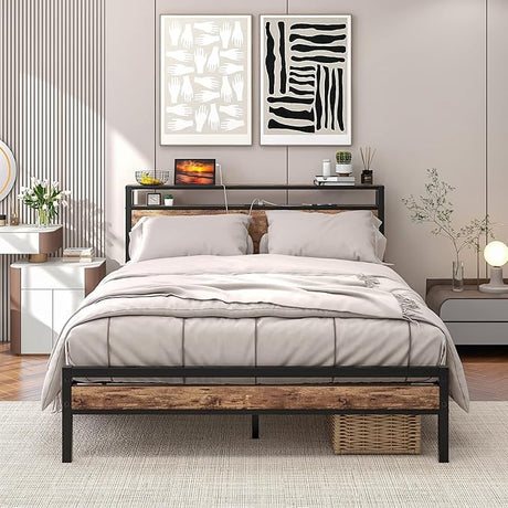 Full Size Bed Frame with Storage Headboard,Power Outlet,USB Port,Metal Platform Bed