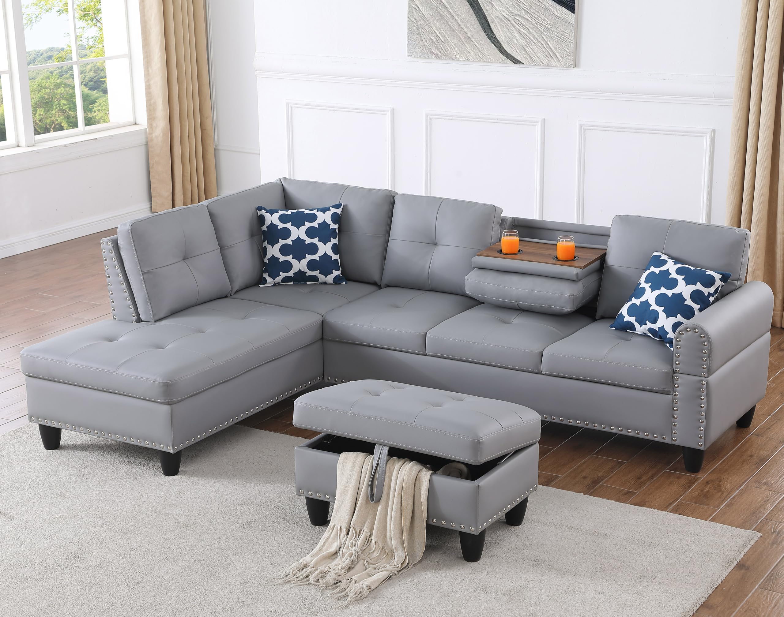 Leather Upholstered Sectional Sofa with Right Chaise