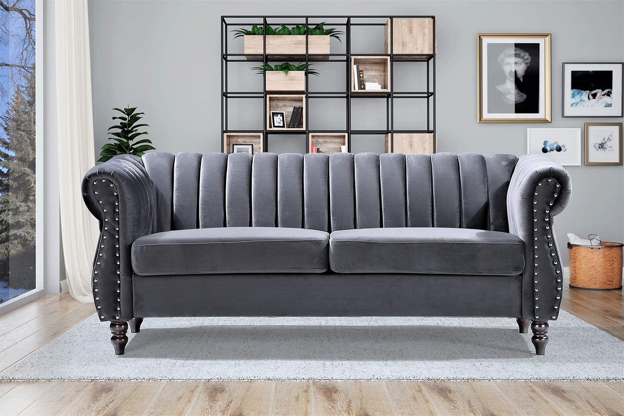 Container Furniture Direct Quinones Modern Chesterfield Channel Tufted Sofa with Nailhead Accents, 76.4", Grey