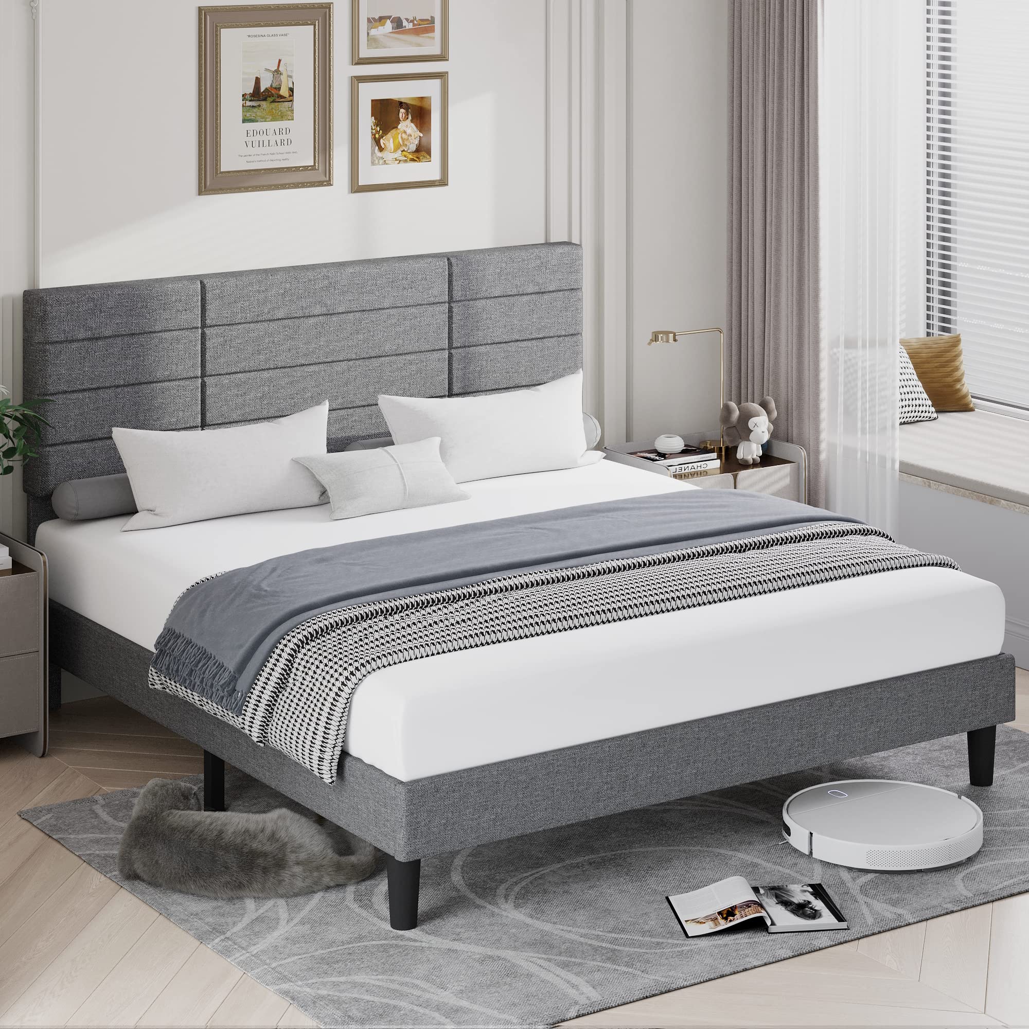 Bed Frame Queen Size Upholstered Platform Beds with Headboard Linen Fabric Wood