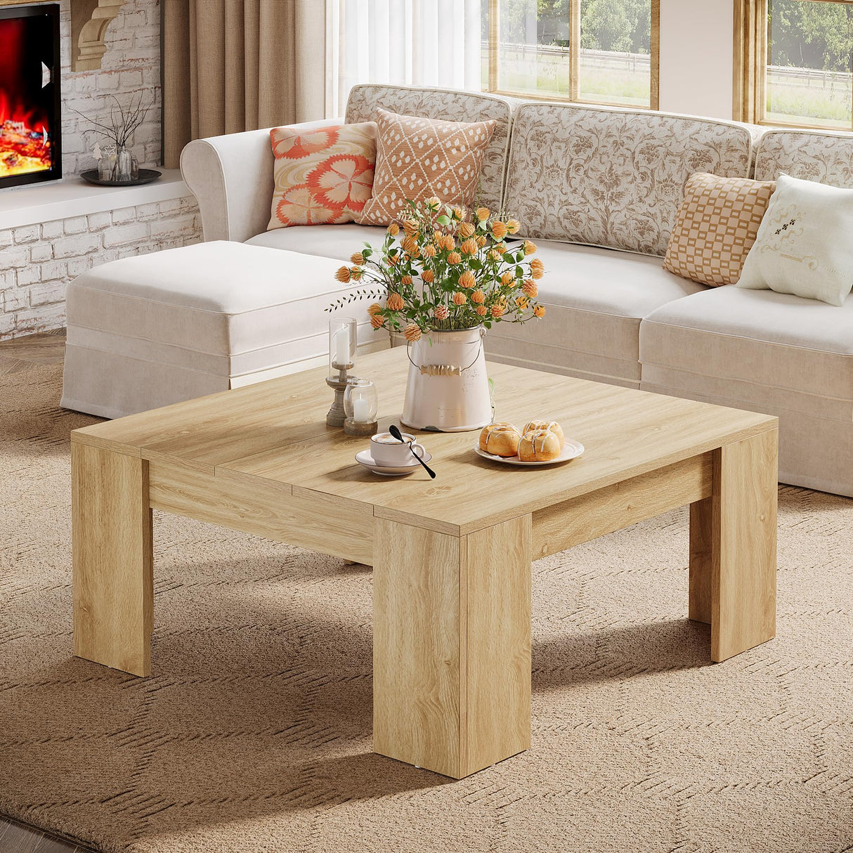 Square Coffee Table, Farmhouse Wood Coffee Table, Center Table for Living Room