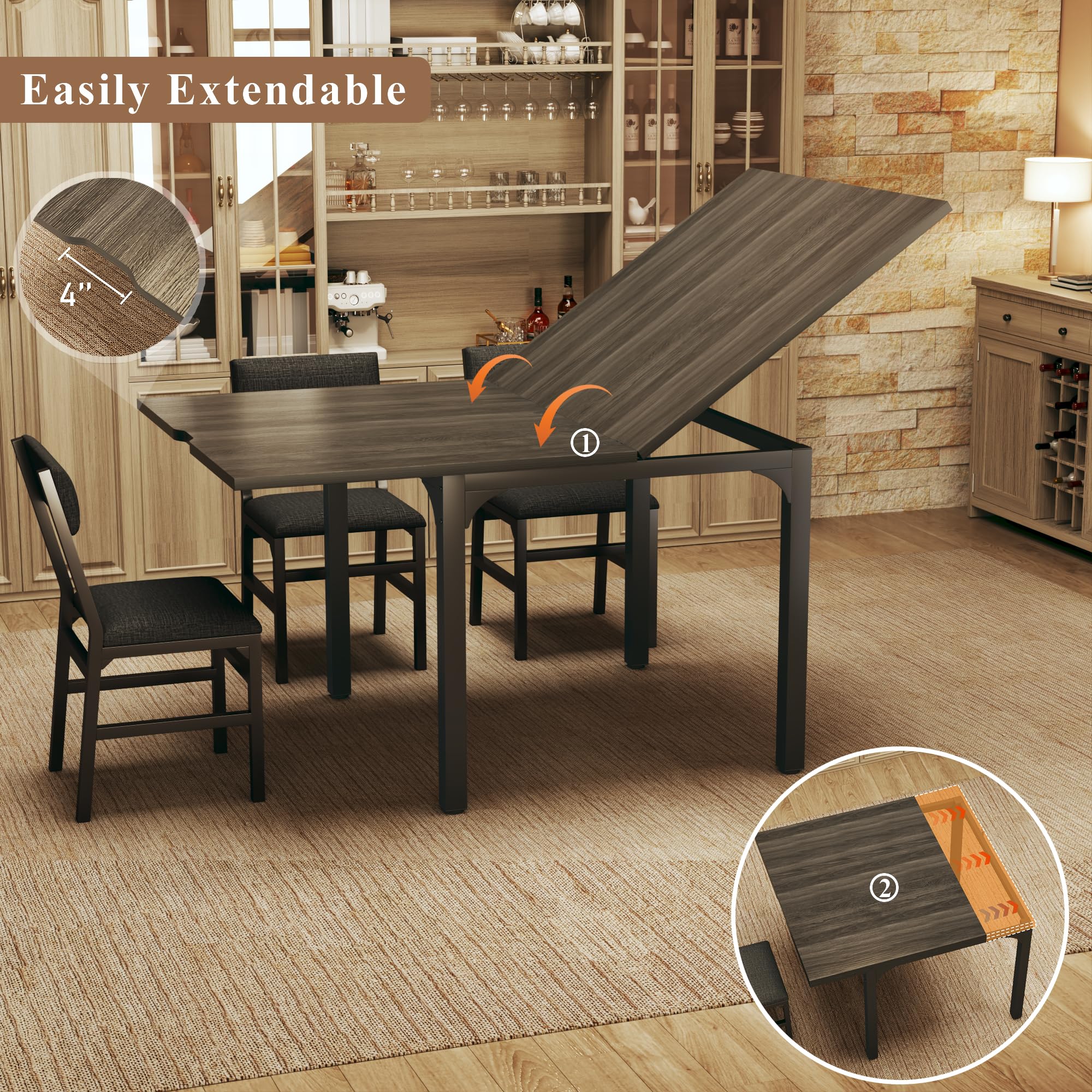 7-Piece Dining Table Set for 4-6, Extendable Kitchen Table Cushion Chairs Set of 6 with 6 Chairs, Rectangle Dining Table with Metal Frame & MDF Board, Folding for Small Apartment Saving Space,Grey Oak