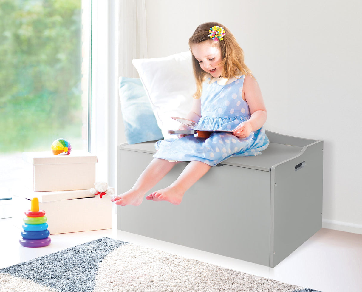 Bench-Top Wooden Toy Box in Gray – Safe Storage Chest with Dual Safety Hinges, Side