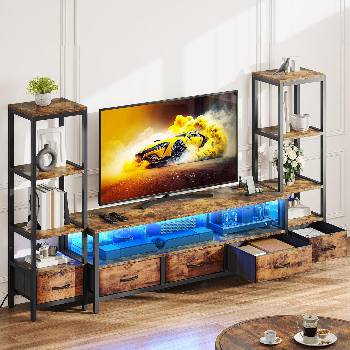65 Inch TV Stand with LED Lights and Power Outlets