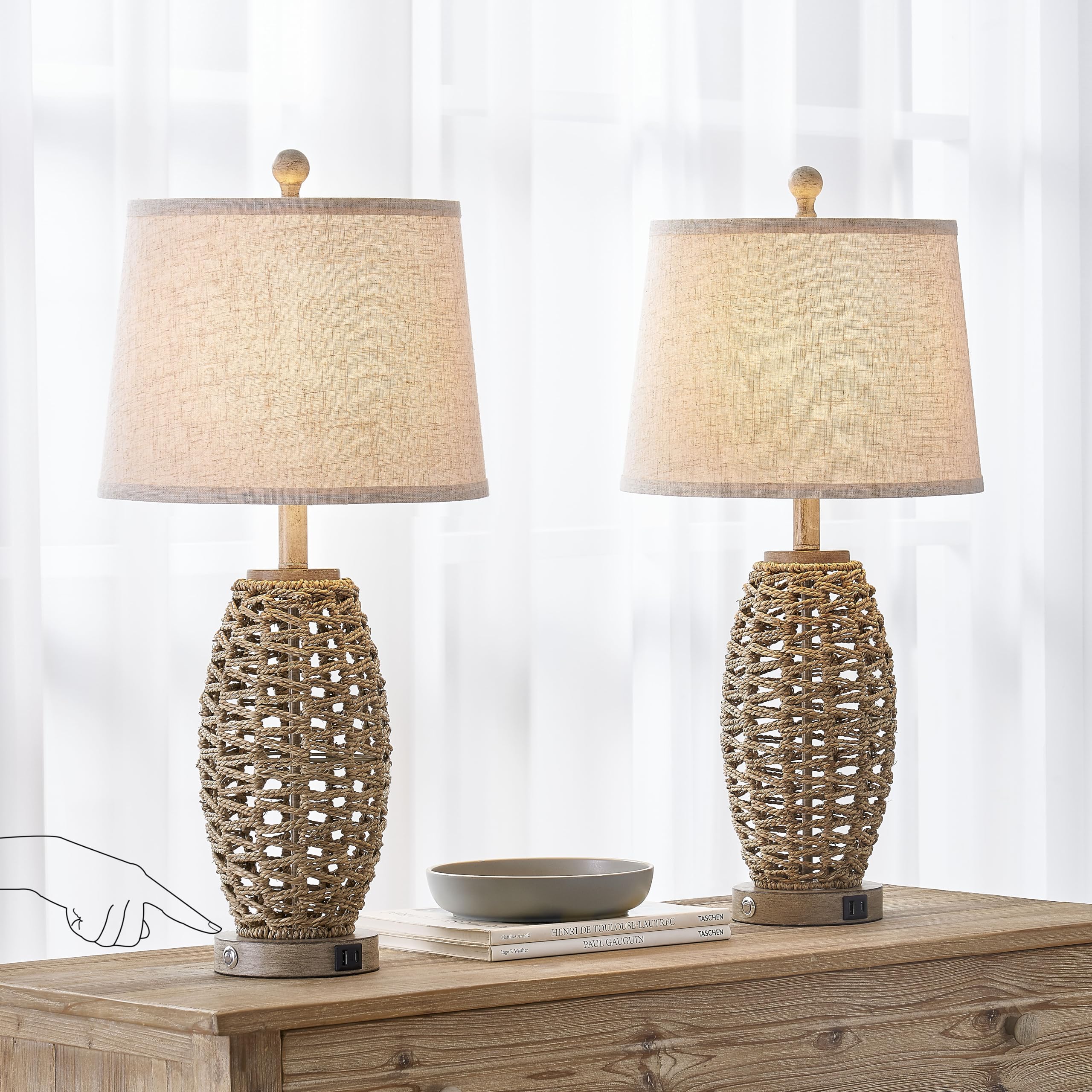 27” Natural Rattan Table Lamps Set of 2,Touch Switch,3-Way Dimmable Bedside Lamps
