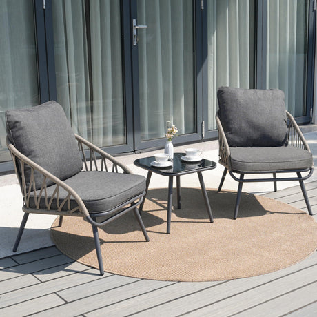 COMLAX FIELD 3 Piece Patio Bistro Set, Outdoor Apartment Balcony Furniture Sets, Woven Rope Chairs with Cushions and Coffee Table Set of 2 for Porch Backyard Lawn Poolside Deck, Grey
