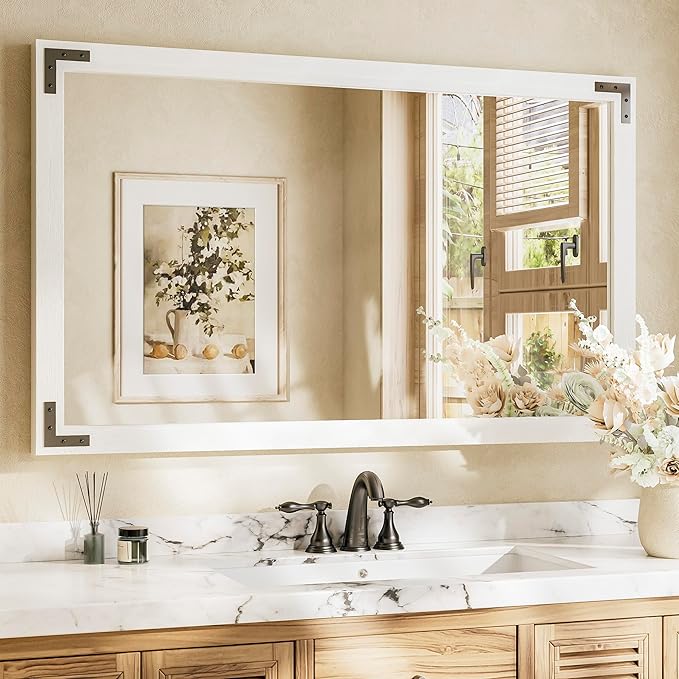 Brown Wood Framed Wall Mirror for Bathroom