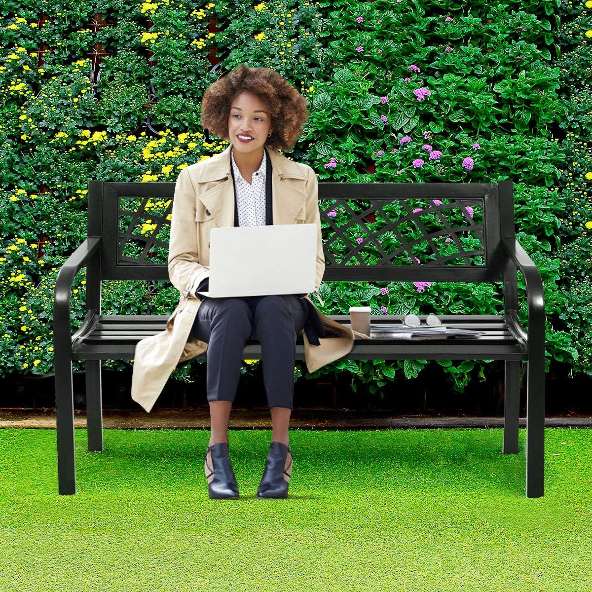 Outdoor Bench, Garden Bench with Iron Steel Frame, PVC Backrest, Mesh Pattern