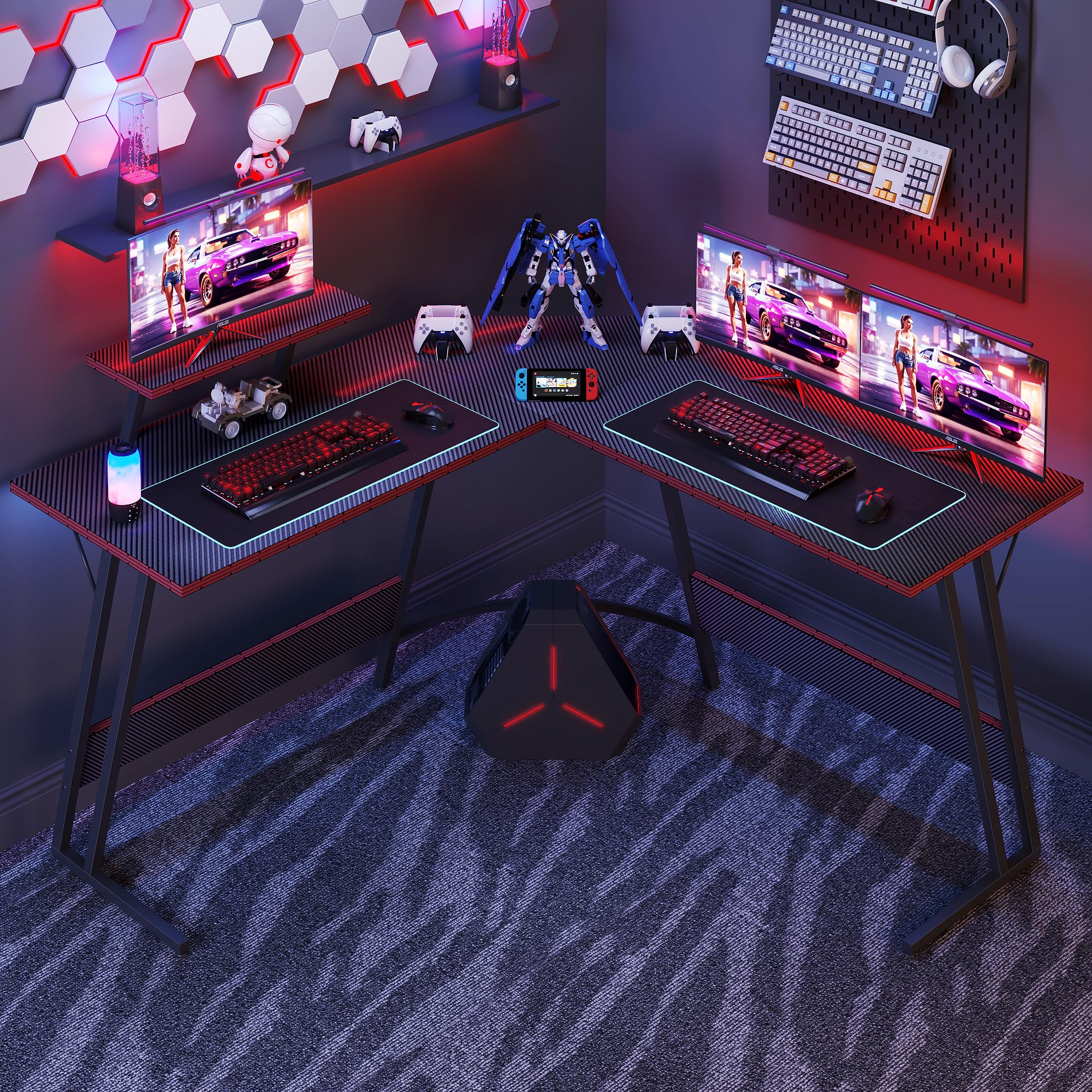 L Shaped Gaming Desk, 51 Inch Computer Corner Table with Large Monitor Stand & Carbon