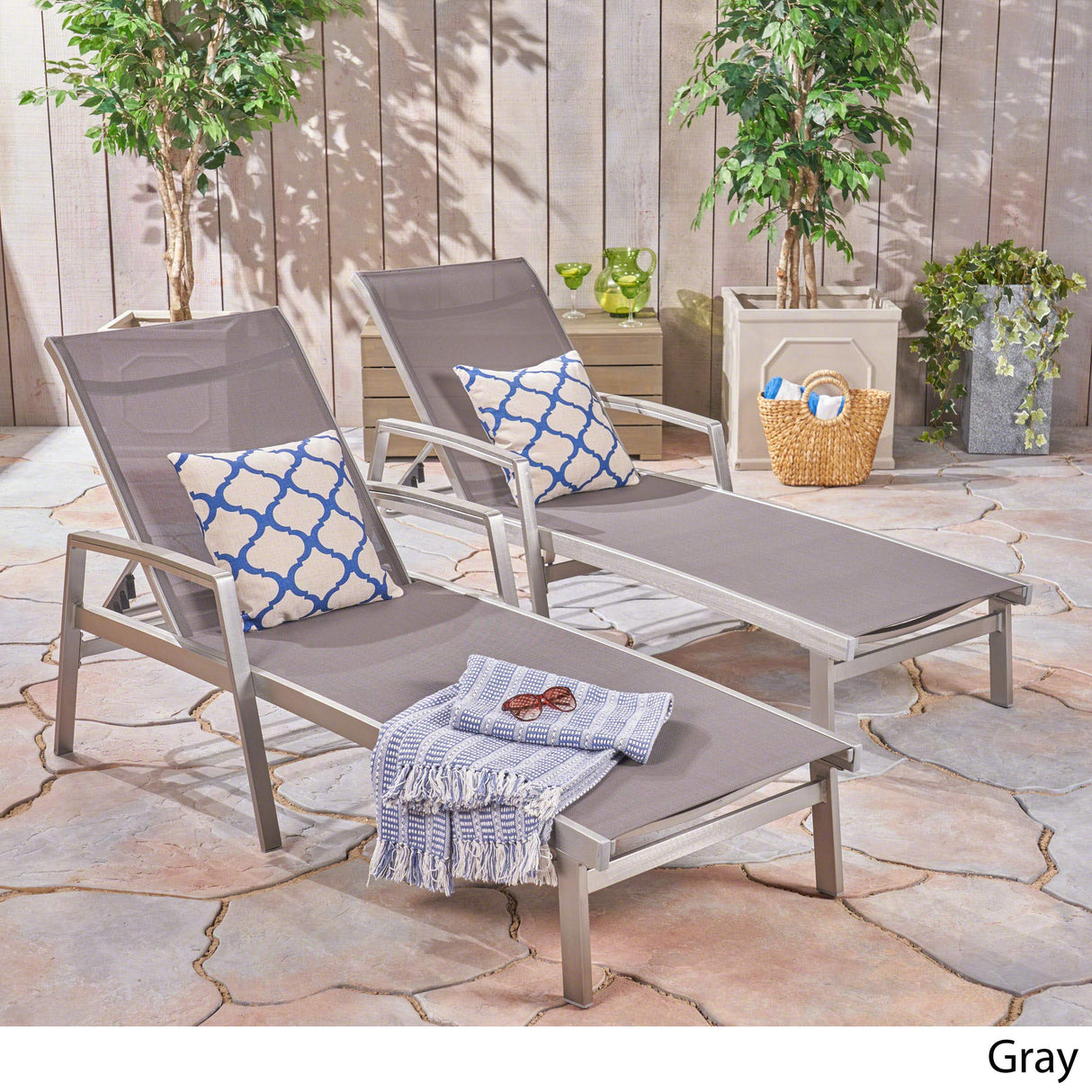 Joy Outdoor Mesh and Aluminum Chaise Lounge (Set of 2), Gray