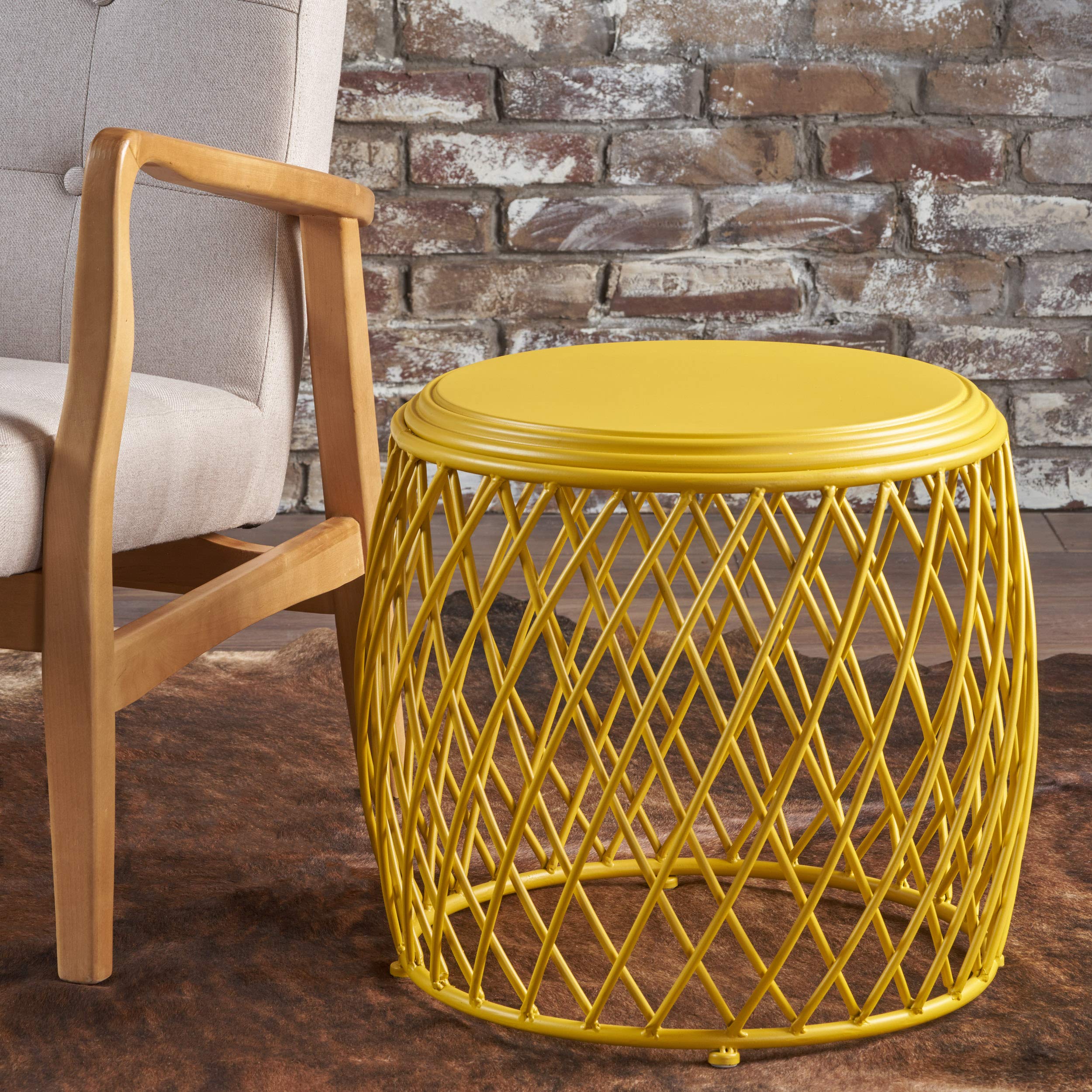 Bryony Indoor 19" Diameter Lattice Iron Side Table, Matte Yellow