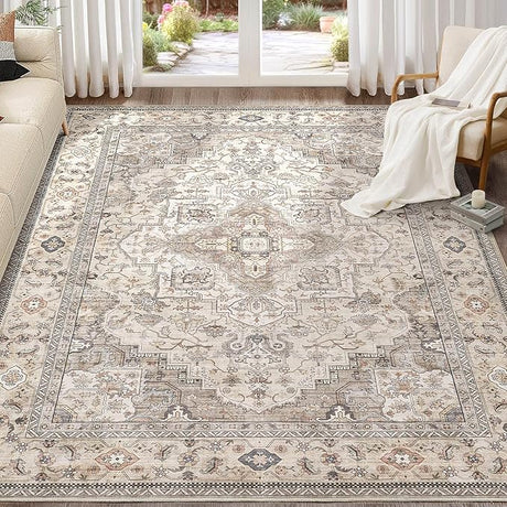 Washable Area Rugs for Living Room - 9x12 Neutral Vintage Distressed Floral Farmhouse