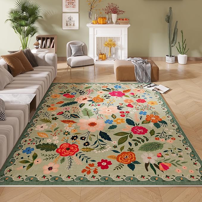 Christmas Rug 8x10 Area Rugs for Living Room Washable Rug Floral Non-Slip Large Rug
