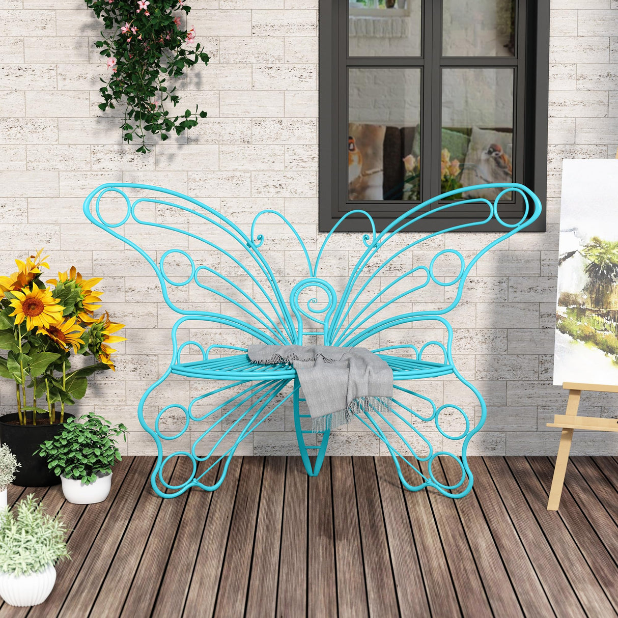Inches Outdoor Bench, Garden Bench with Sturdy Iron Metal Frame