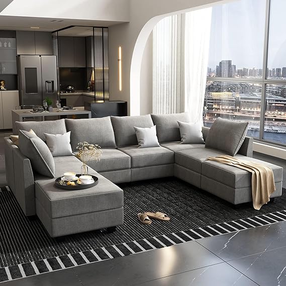 Convertible Modular Sectional Sofa with Ottomans Polyester Fabric Sleeper Sectional