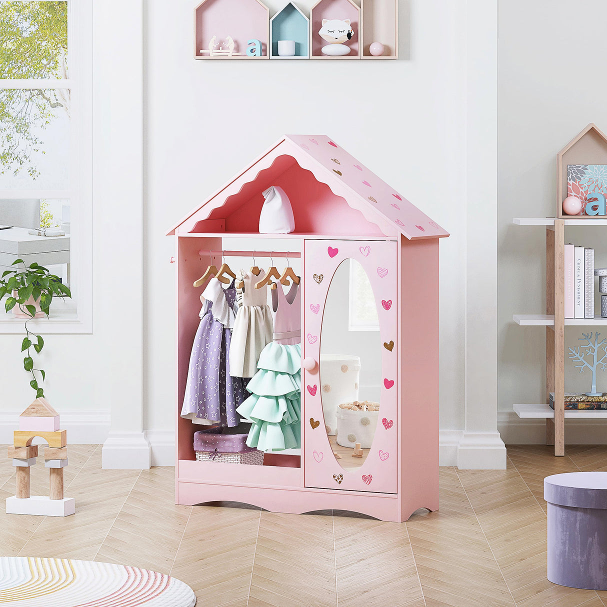 Kids Dress Up Storage with Mirror, Kids Wardrobe Closet, Dress Up Armoire for Little Girls