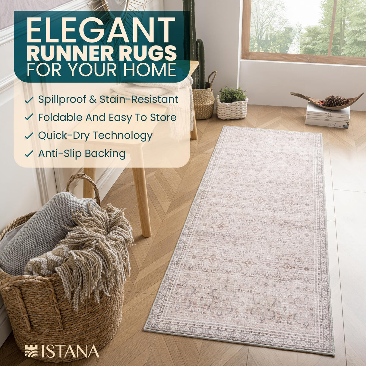 Istana Hallway Runner Rug 2x6 - Blush/Grey Kitchen Rugs Non Slip Washable -Silk's Soft Touch Carpet Runner - Stylish Rug Runner for Home