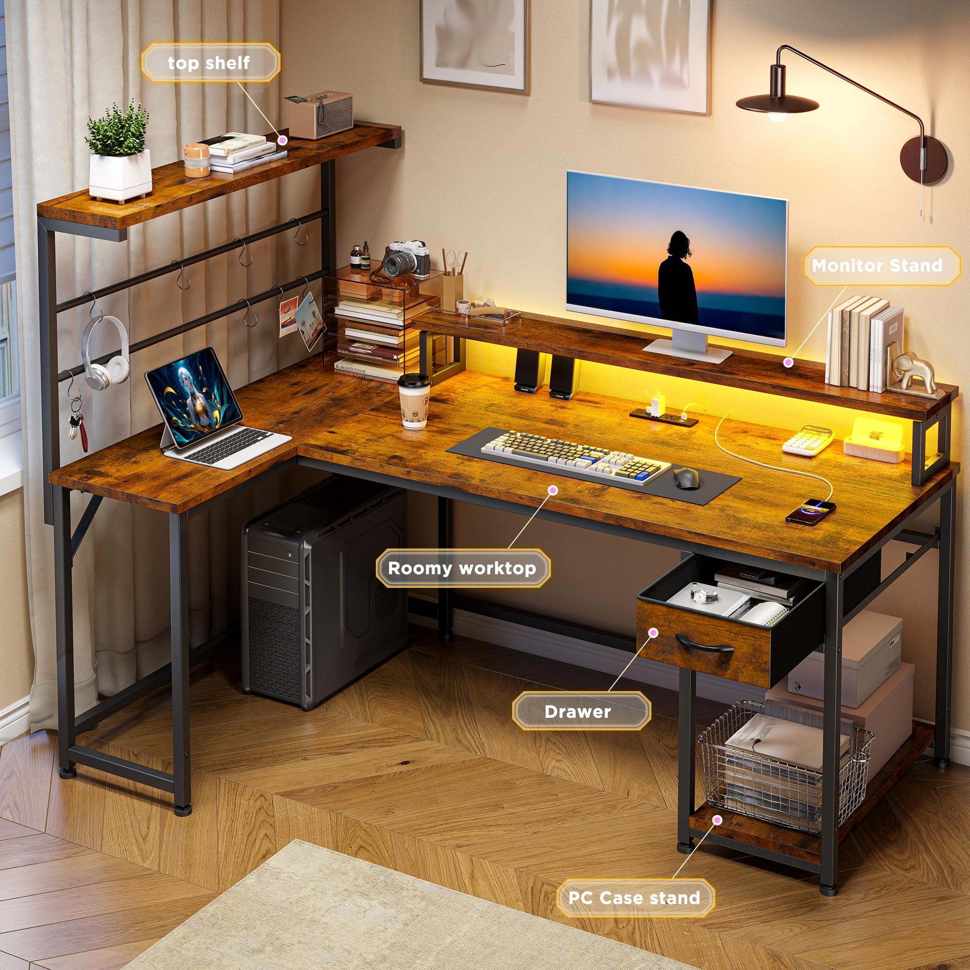 52"W Gaming Desk Desk with Storage Stable L Shaped Gaming Desk