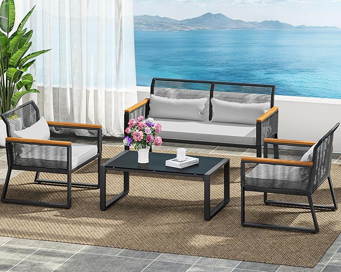 L-Shaped Patio Furniture Outdoor Loveseat Sectional Set for Backyard