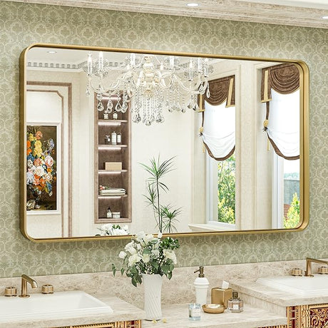 48 x 30 Inch Brushed Silver Bathroom Mirror for Wall Brushed Brass Metal Rounded Corner