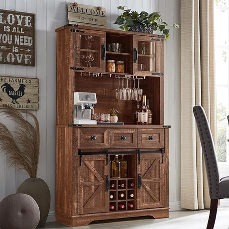 72" Farmhosue Bar Cabinet with Sliding Barn Door, Large Kitchen Buffet