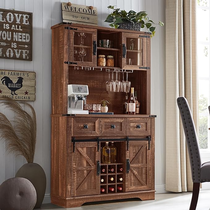 72" Farmhosue Bar Cabinet with Sliding Barn Door, Large Kitchen Buffet