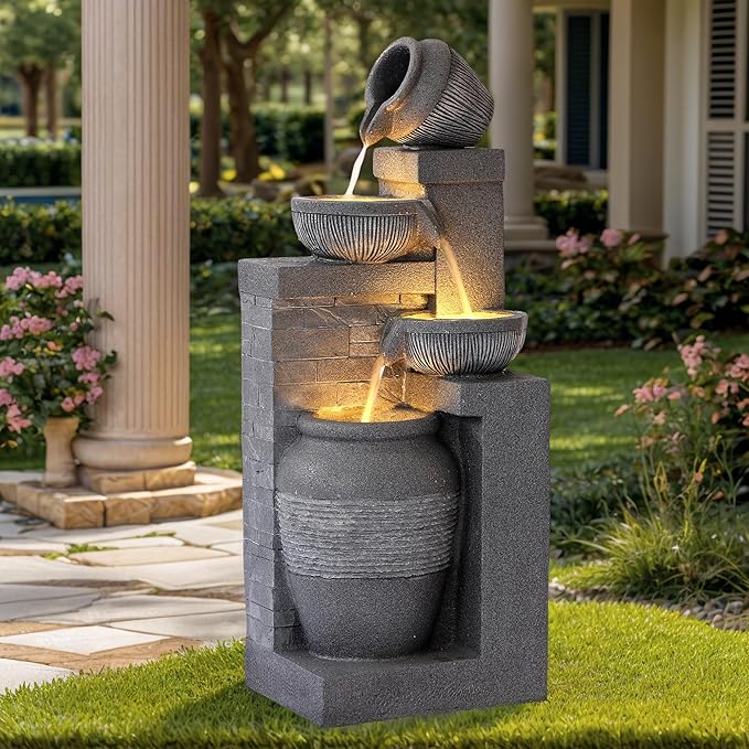Outdoor 4-Tiers Water Fountain, Garden Cascading Waterfalls Fountain with LED Lights