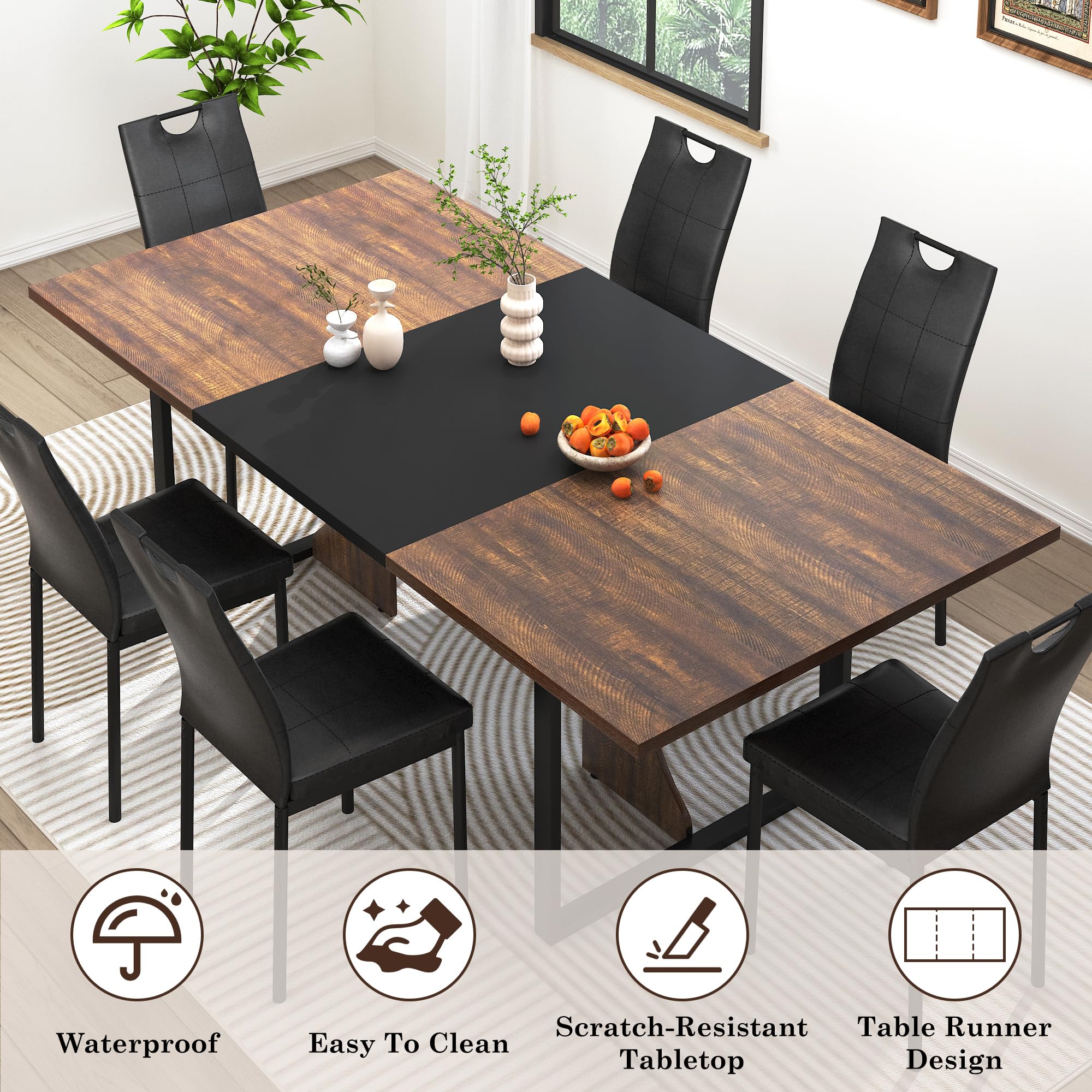 7-Piece Dining Table Set - 71" Wooden Kitchen Table with 6 Chairs