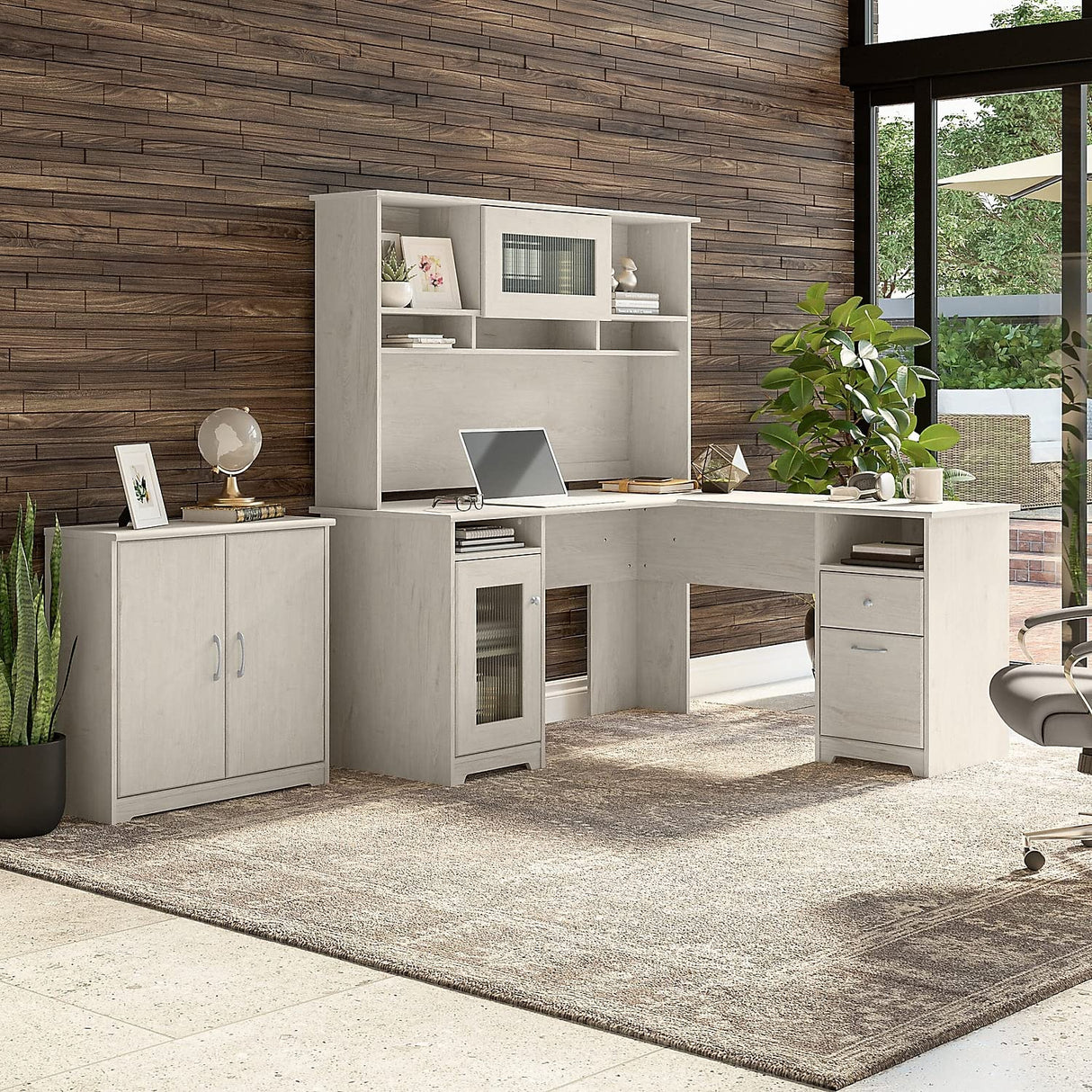 Cabot L Shaped Desk with Hutch and Small Storage Cabinet with Doors