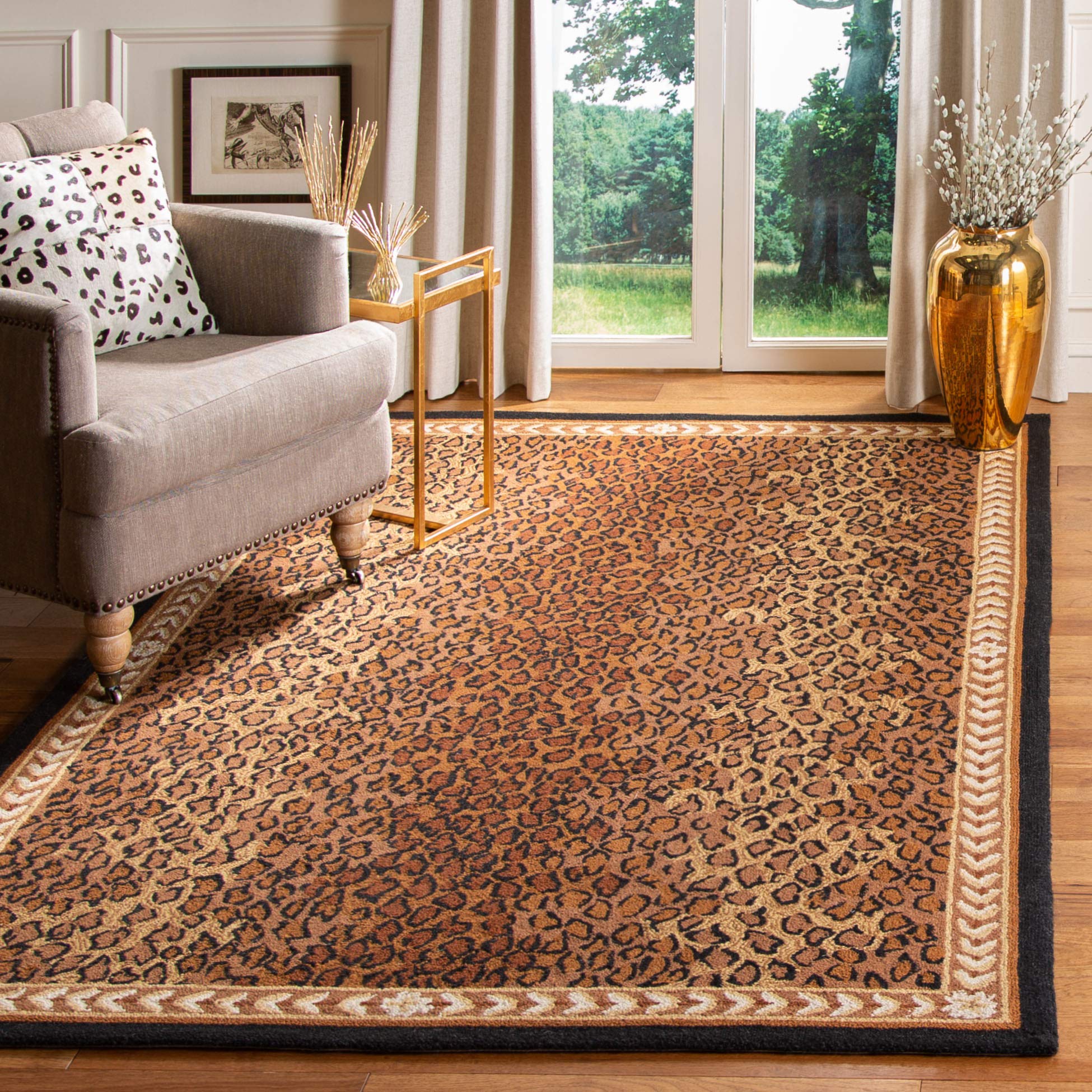 Hand-Hooked Wool Area Rug 6' x 9' - Black & Brown Leopard Print French Country Style