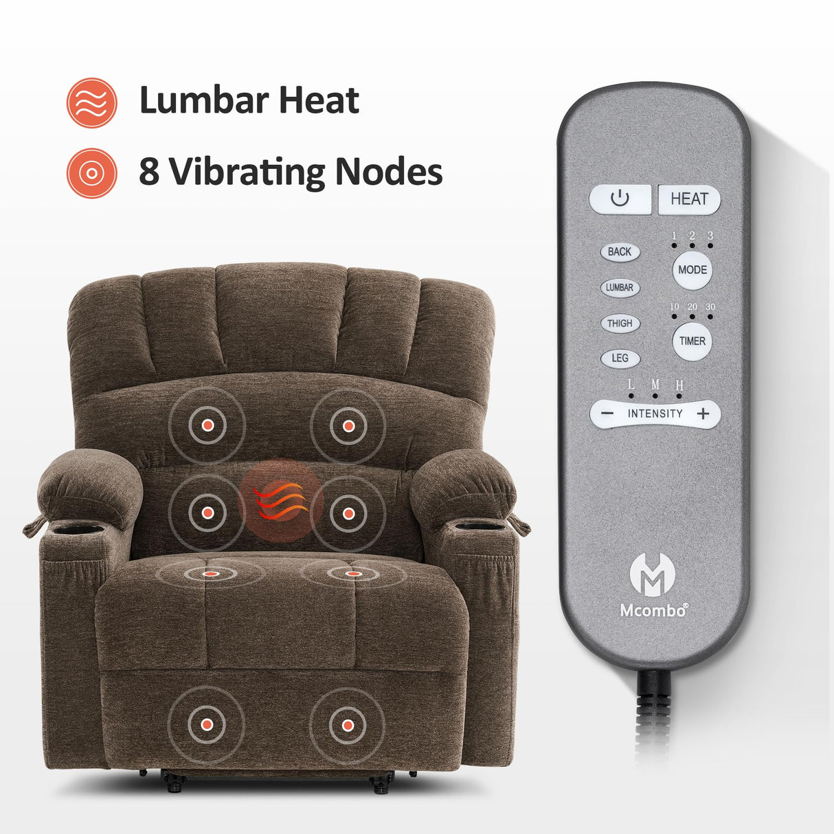 MCombo Power Lift Recliner Chair Sofa with Massage and Heat for Big Elderly People, USB Ports, Side Pockets, Fabric R7096 (Medium-Wide, Coffee)