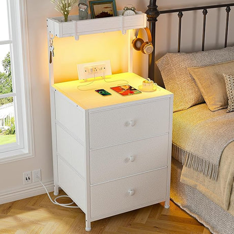 Tall Nightstand Set of 2 with Charging Station and Led Lights Nightstand