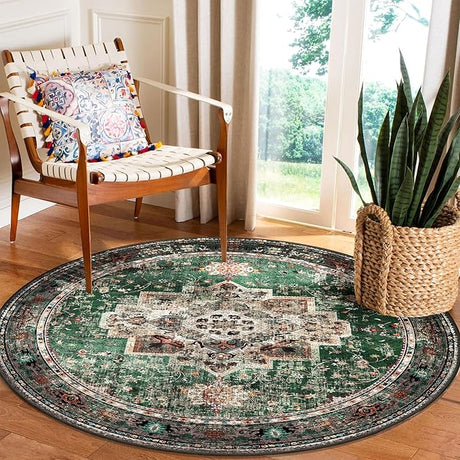 Area Rug 5x7 for Living Room Green Boho Non-Slip Washable Rug Vintage Low Pile Large