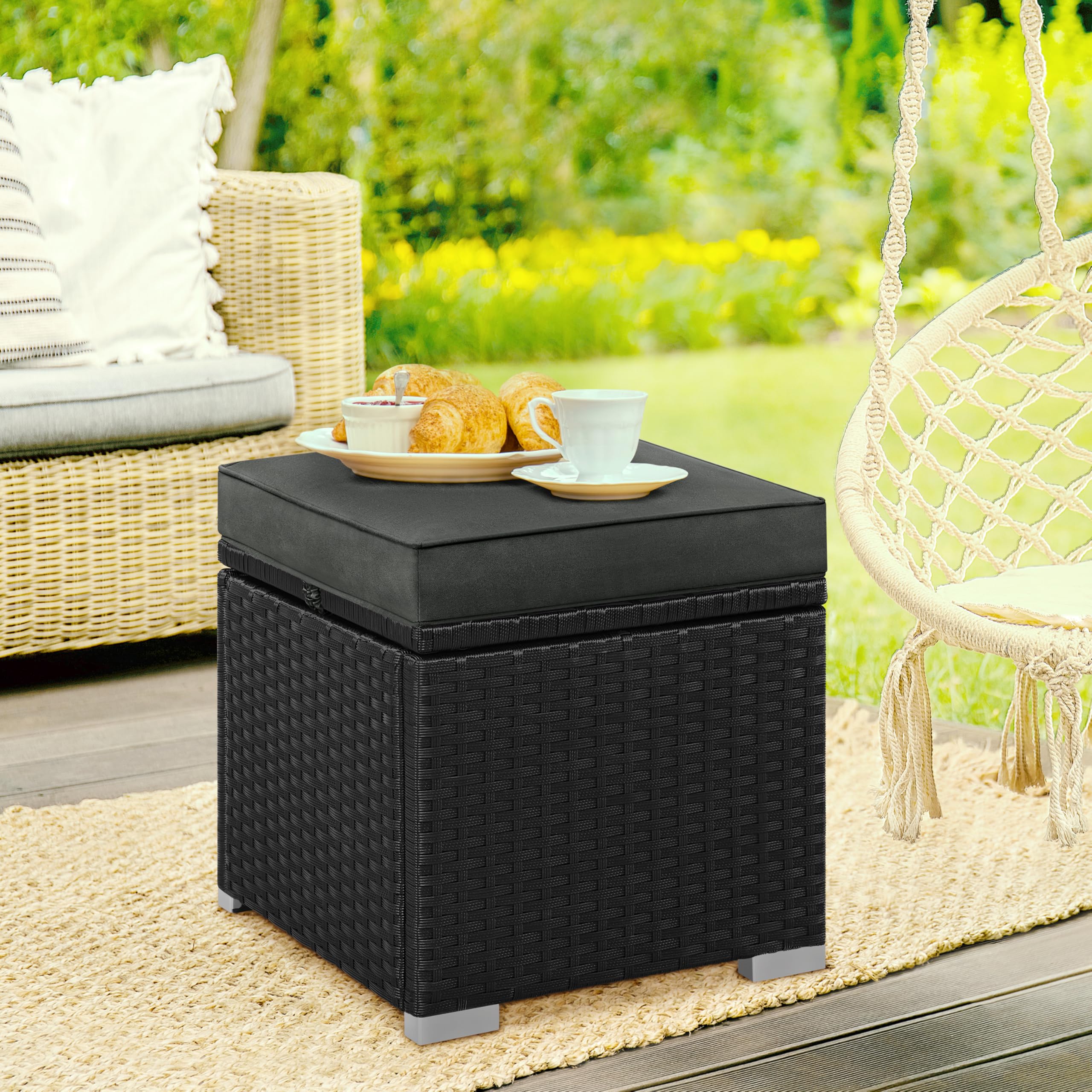 Wicker Ottomans, Set of 2 Patio PE Rattan Side Tables
