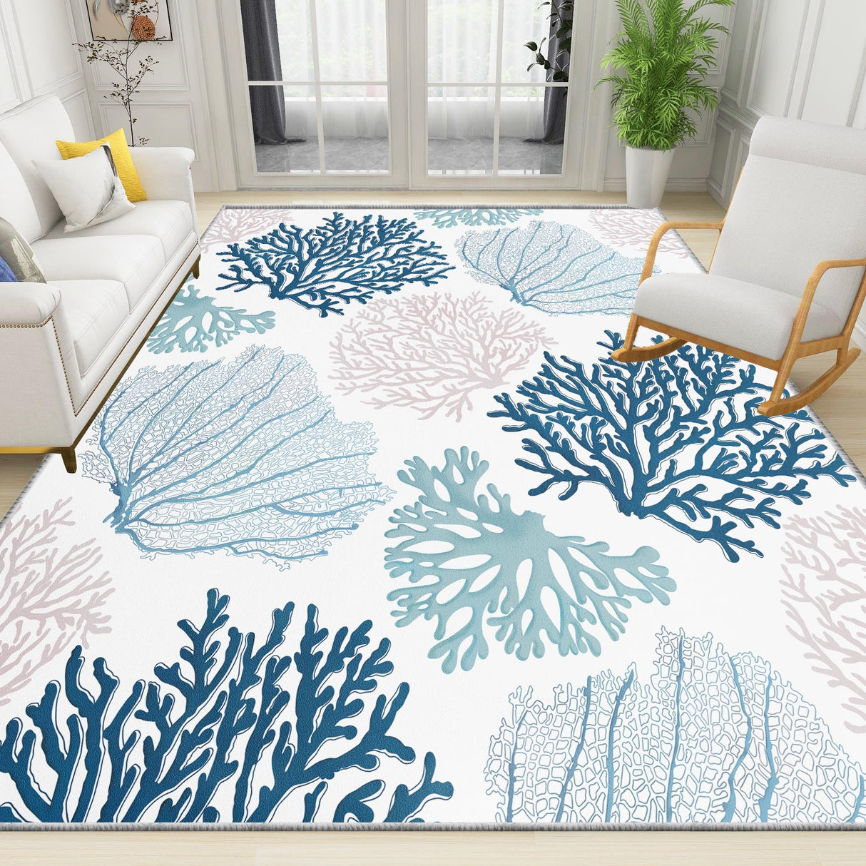 Coastal Coral Area Rug 5x7 - Non-Slip Machine Washable Nautical Beach Carpet