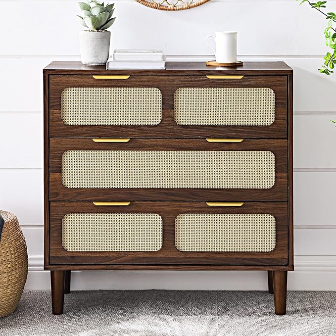 ,Rattan Dresser with 3 Drawers,Boho&Farmhouse Chest of Drawers for Closet Storage,Wood Drawer Organizer for Bedroom,Living Room,Hallway and Entryway (Natural Wood, 3 Drawers)