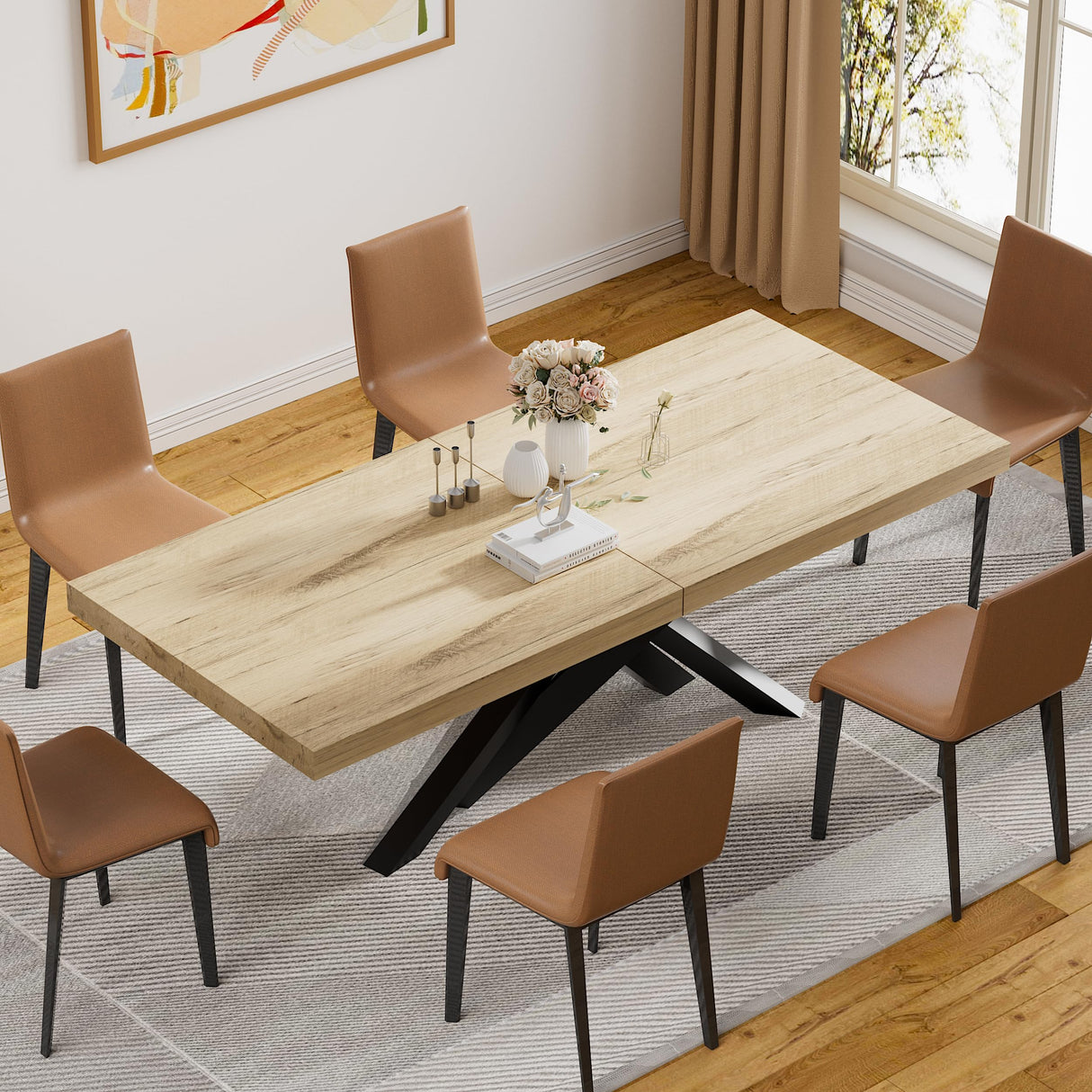 63"-79" Extendable Dining Room Table for 6 8 10, Modern Rustic Kitchen Expanding Table