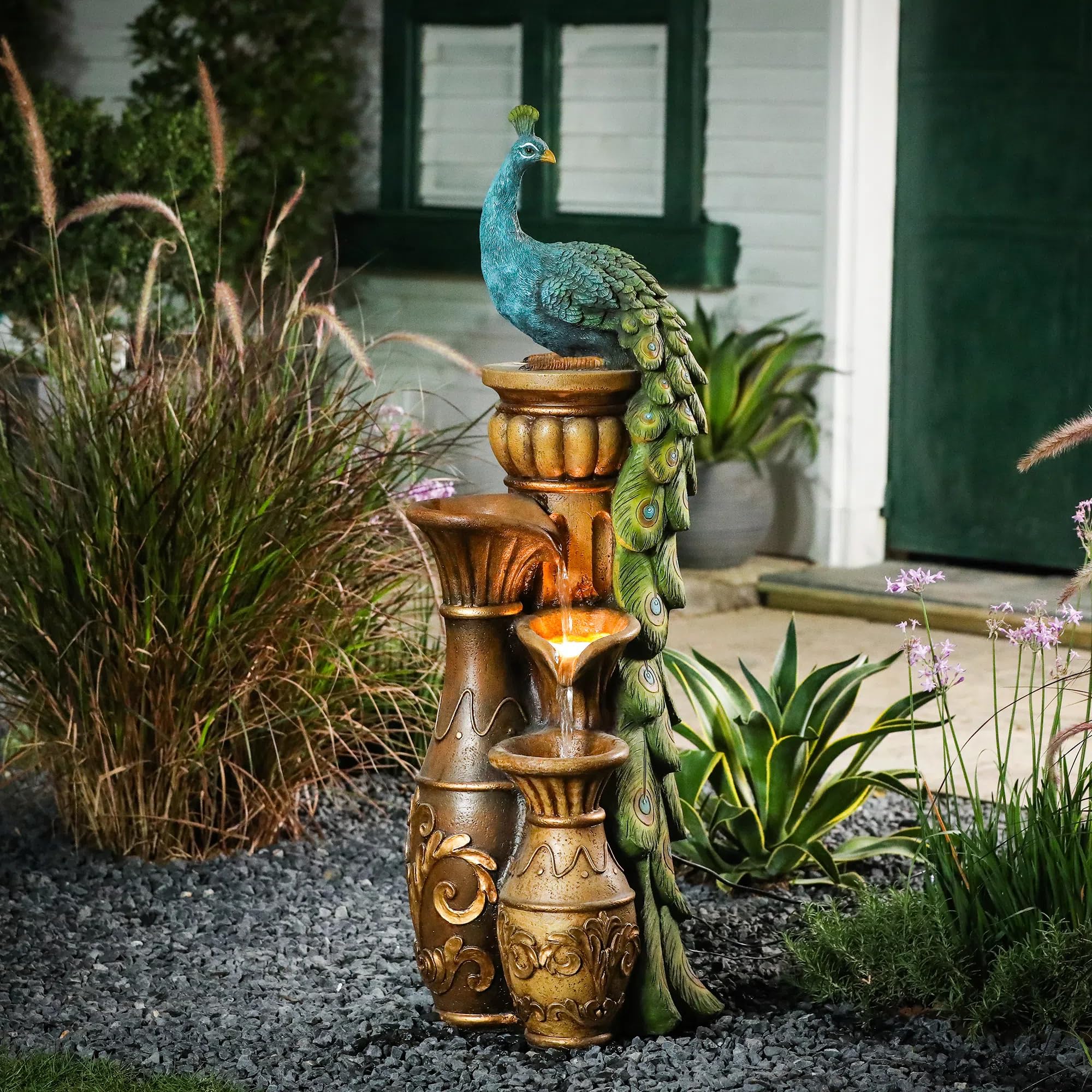 Outdoor Water Fountain, 44 Inch Resin Peacock Water Fountain Outdoor with Urns and LED Light