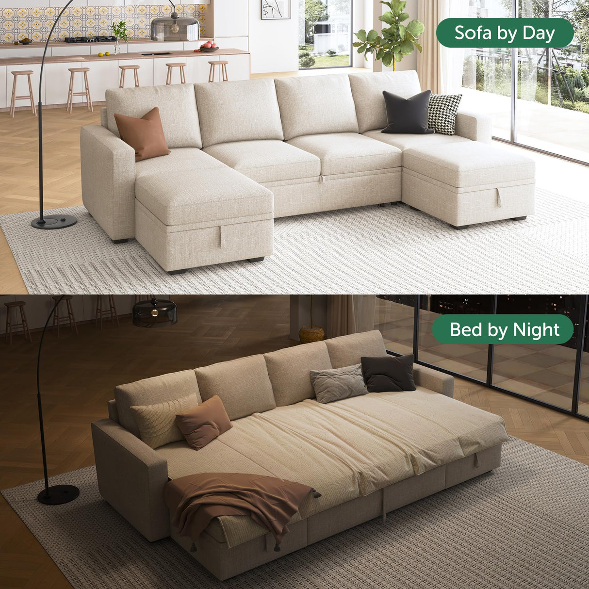 Modular Sectional Sleeper Sofa Bed, Sectional Couch with Pullout Bed U Shaped Modular Couch