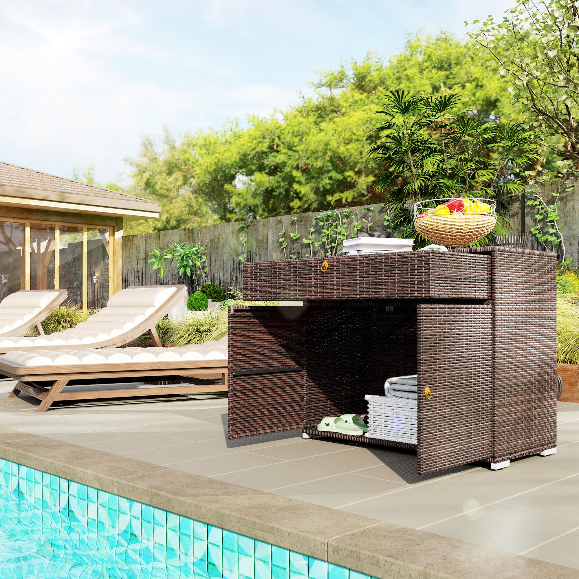 Outdoor Storage Cabinet, Hot Tub Accessory Storage, Freestanding PE Rattan Wicker Cabinet