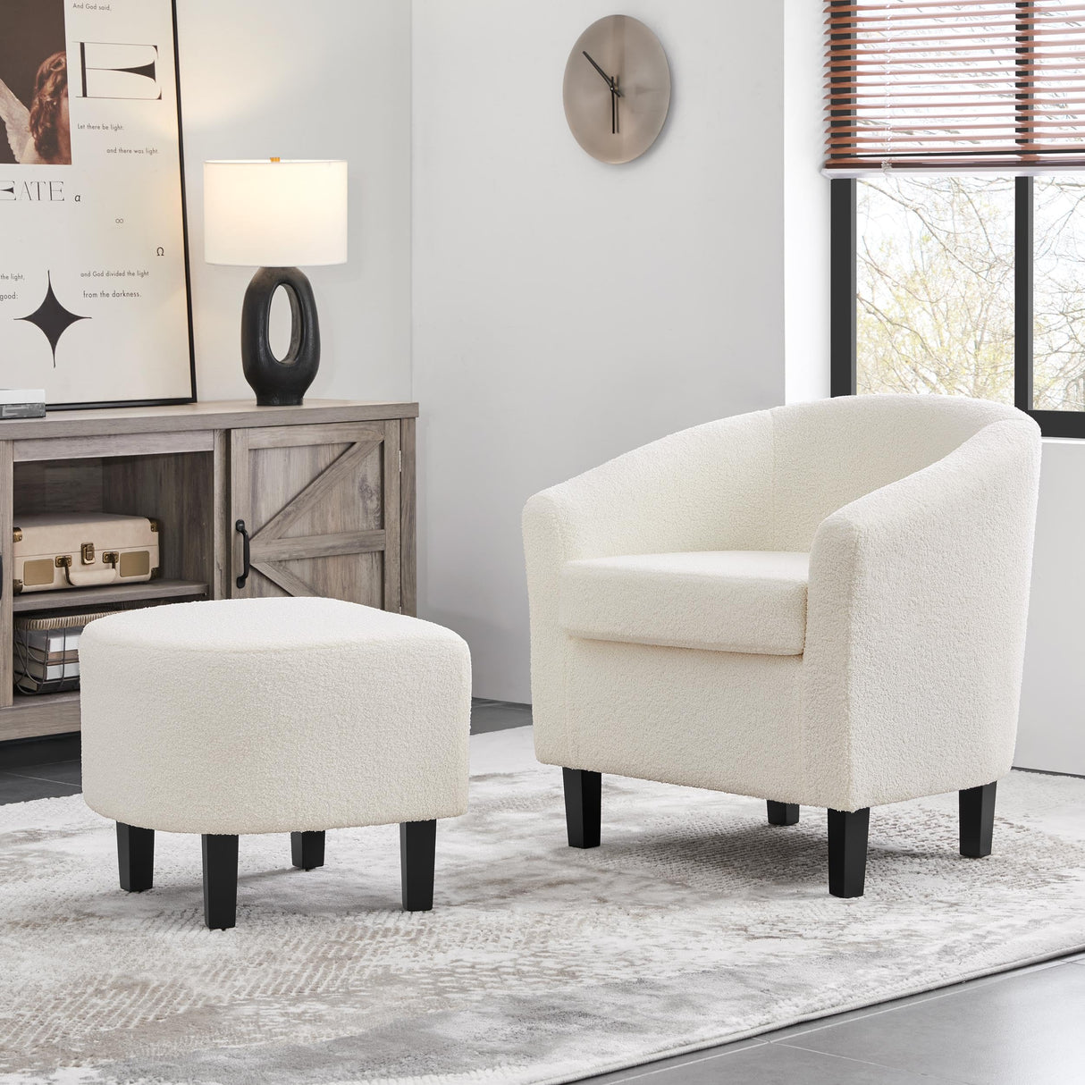 Accent Chair and Ottoman Set, Modern Fuzzy Sherpa Barrel Chair and Footrest, Comfy